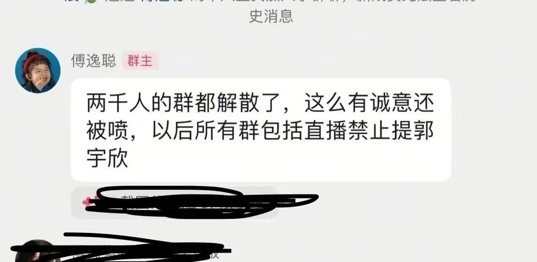 傅逸聪解散了那个1200人的粉丝群。
群里骂郭宇欣的脏话，还热乎着。
一边是导演
