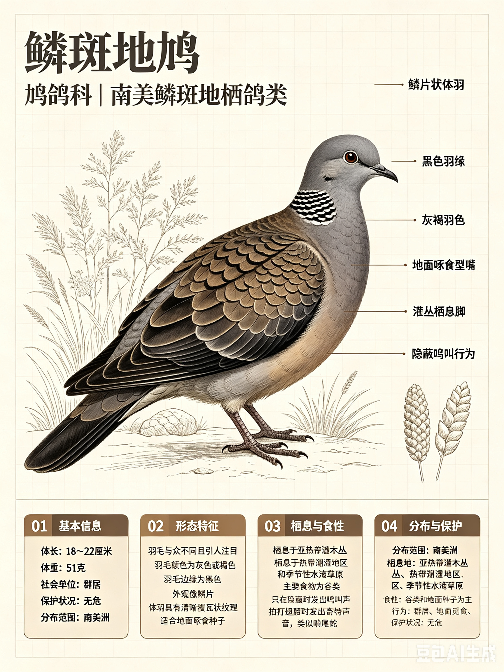 鸟类朋友图鉴 鳞斑地鸠体长：18~22 厘米体重：51 克社会单位：群居保护状况