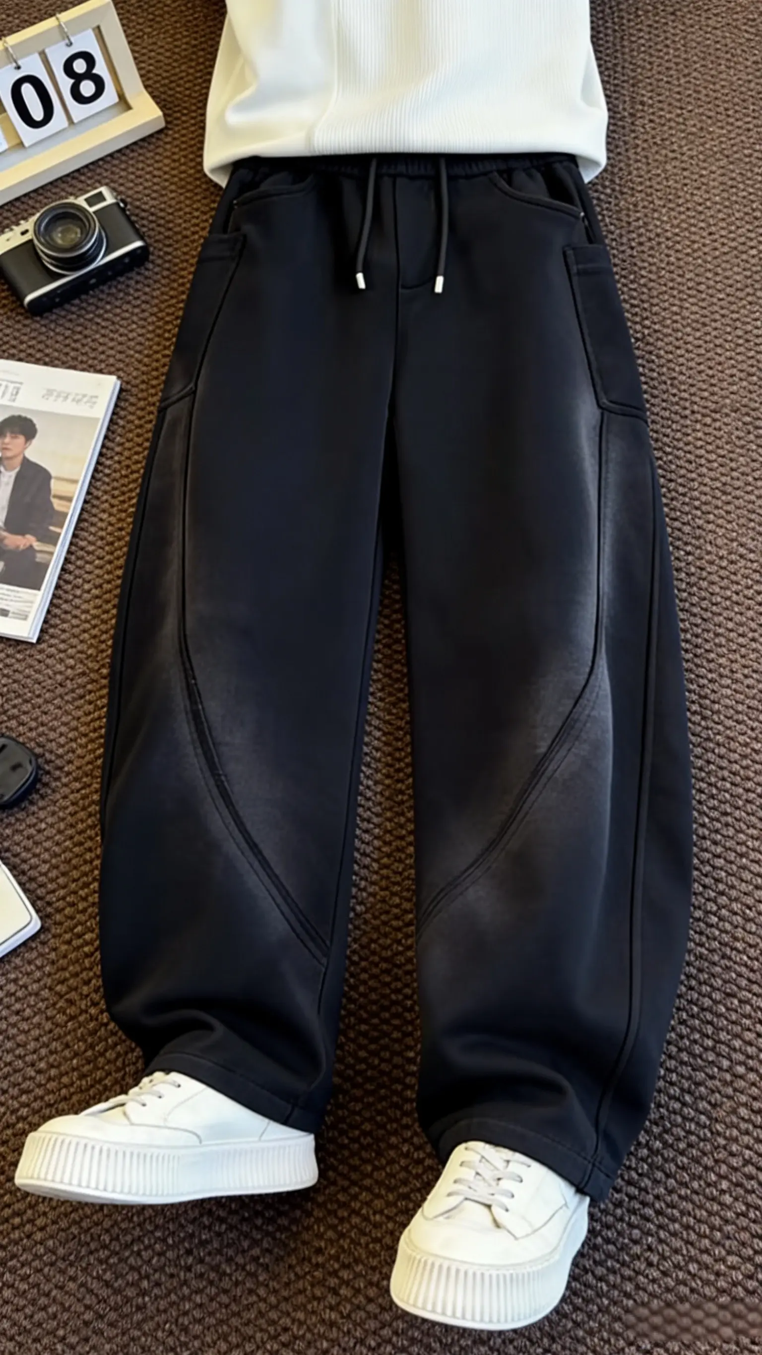 26春季男士弯刀裤美式复古水洗针织阔腿裤宽松百搭休闲裤大码长裤