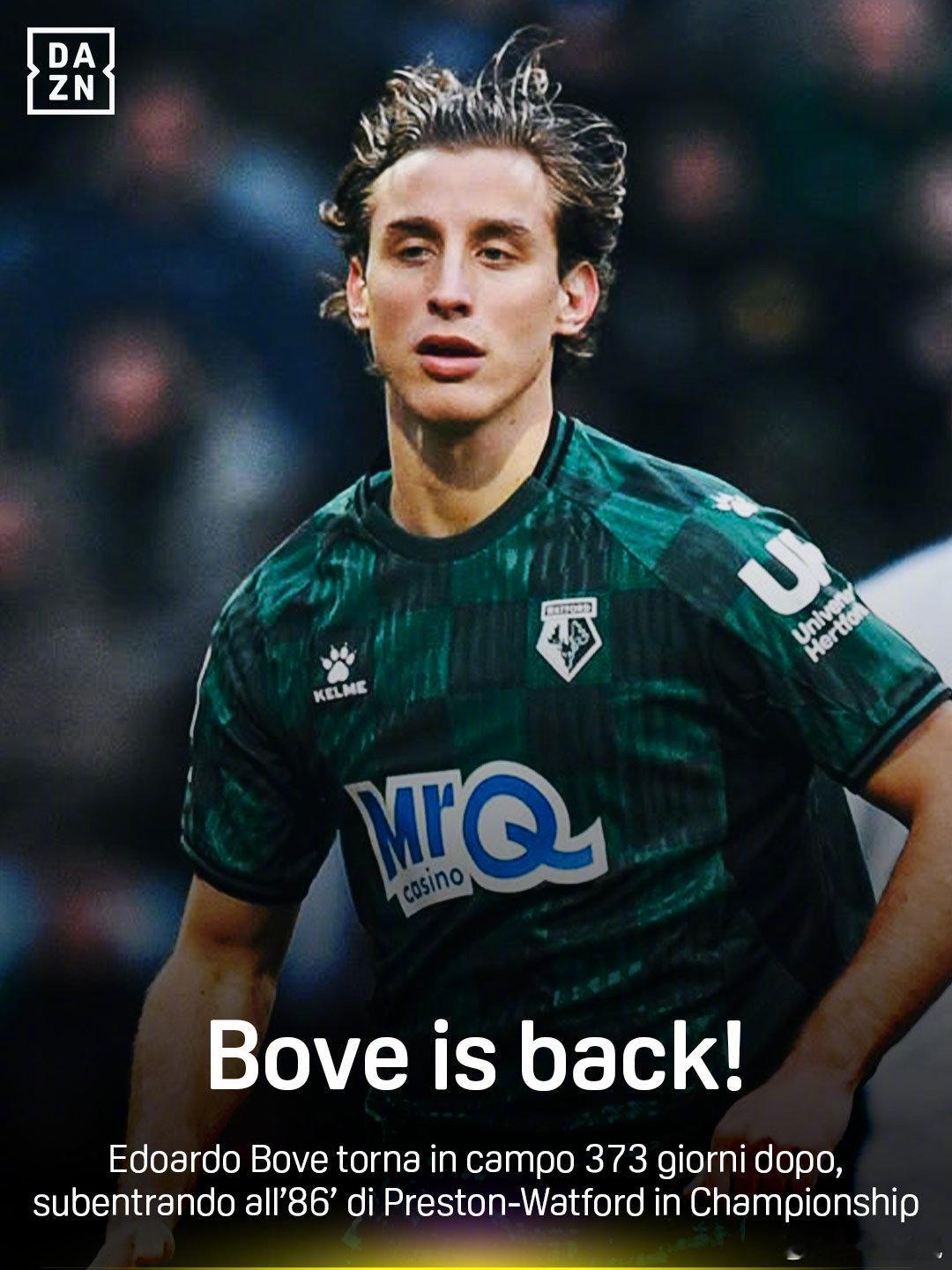 【时隔373天重回赛场】23岁的沃特福德中场博韦在对普雷斯顿的比赛中替补出场，这