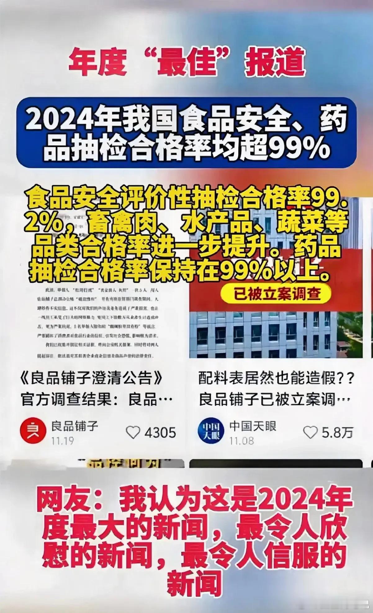 最近，有消息报道指出，在2024年的国家食品安全和药品抽检中，合格率均超过了99