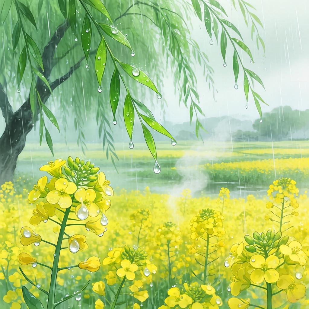 上联：风拂绿柳千枝醉
下联：雨润油菜一路香