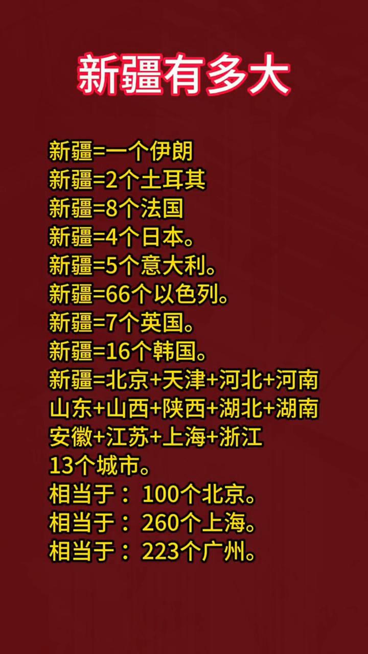 新疆有多大？
新疆=一个伊朗。
新疆=2个土耳其。
新疆=8个法国。
新疆=4个