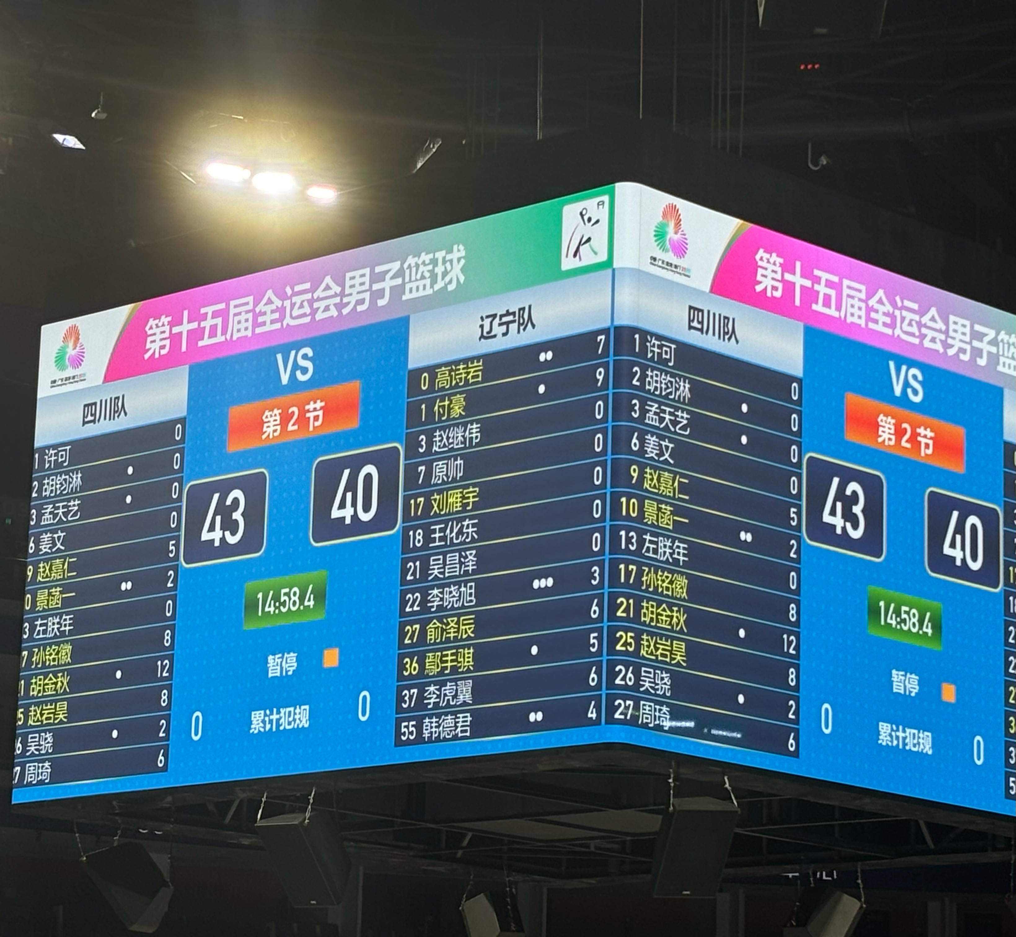 赵继伟缺阵，李晓旭三犯，辽宁半场落后四川3分，周琦+胡金秋18分，辽宁扔出了18