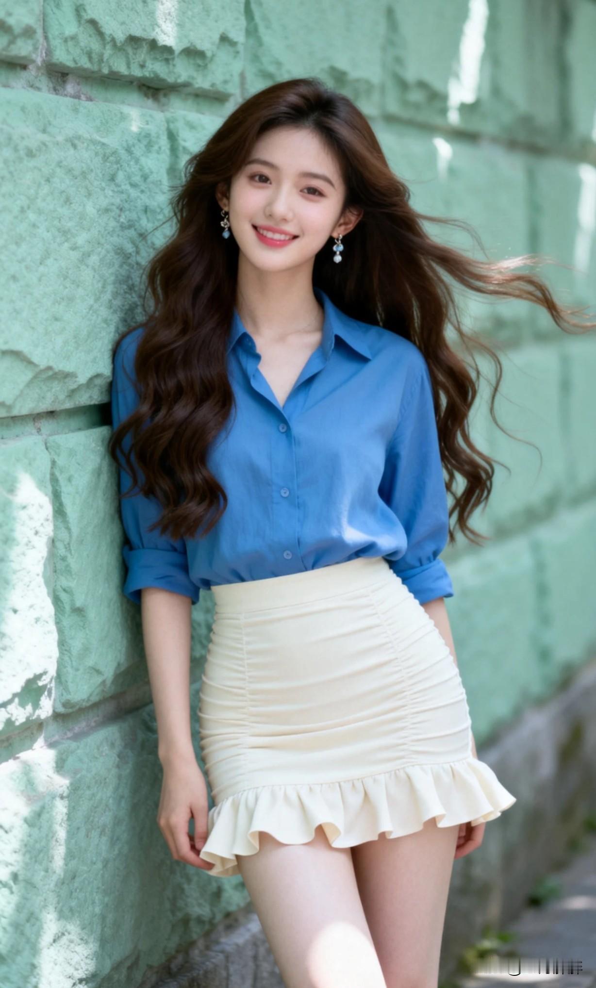 清新夏日穿搭，蓝色衬衫+米色短裙，元气满满！🌞👗怎样穿搭知性又显身材?