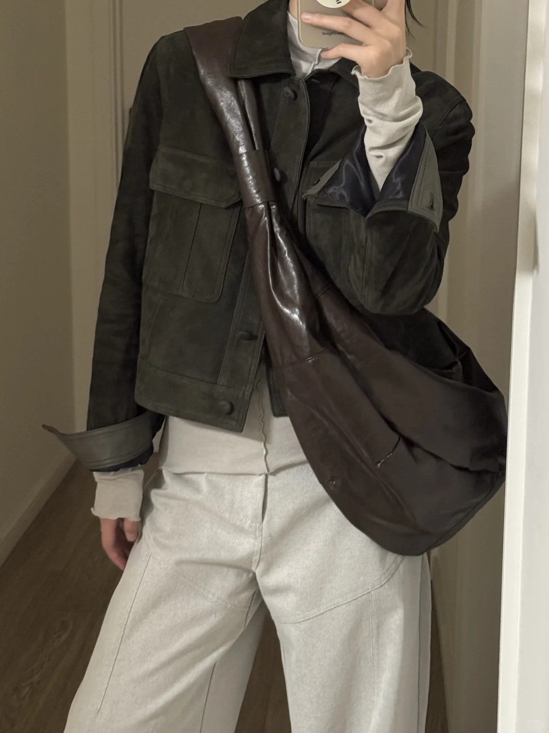 好秋冬韩系复古灰绿麂皮夹克外套叠穿🛖