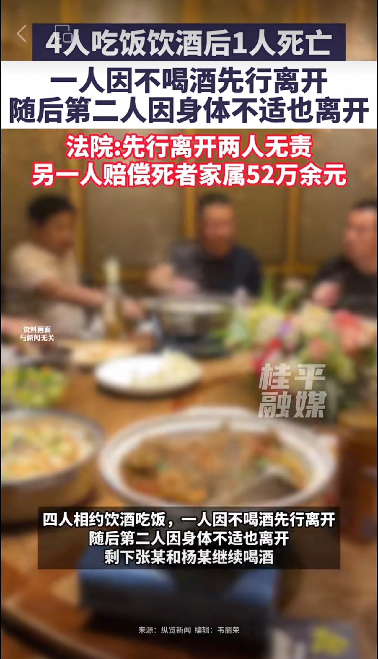 四人吃饭饮酒后一人死亡，法院一审判先行离开两人无责，另一人承担55%的责任，赔偿