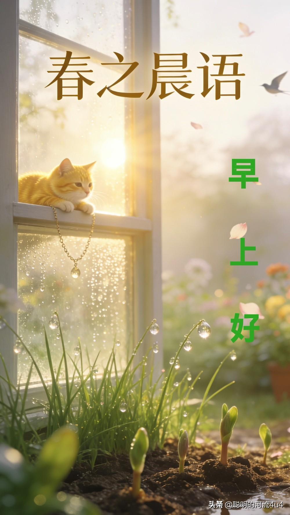 🍃🌷🌞☕️🌱🌿🌷🍃
晨光蹑足而来，
在窗台打了个滚，
抖落满身碎金