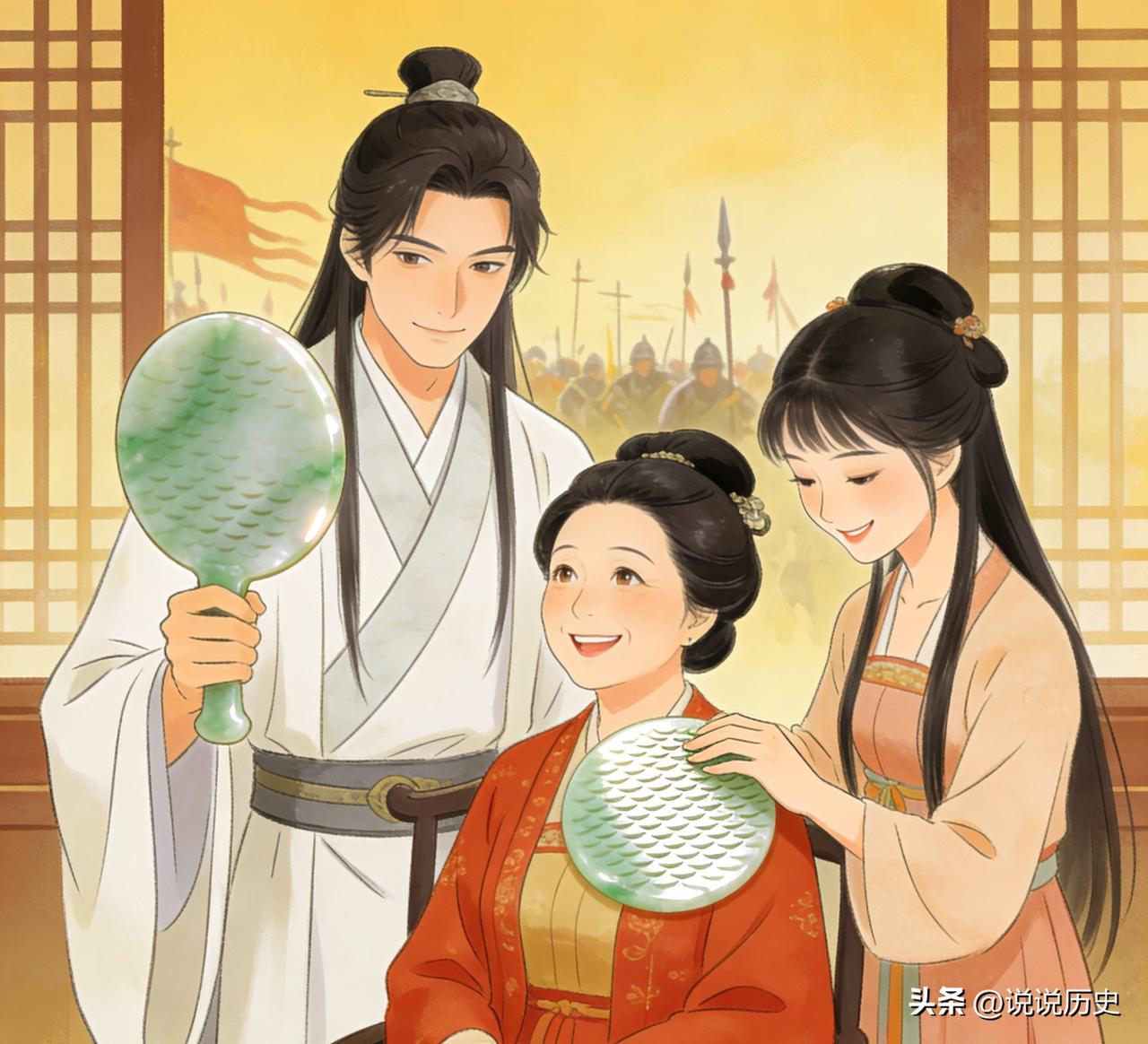 东晋名士温峤丧妻，有一次到姨妈刘氏家拜访。当时正值东晋乱世，刘氏家道衰落，身边只