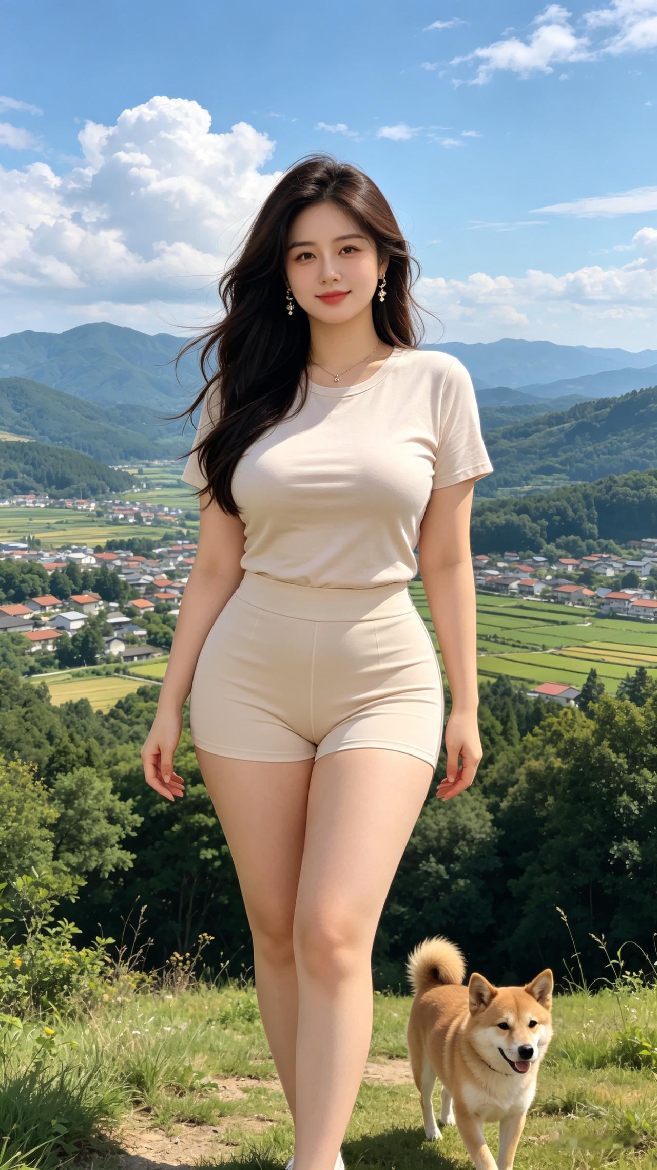 微胖圆润东亚女子长发随风飘动，浅色系修身穿搭，身旁土狗相伴，远景田园村落，柔和自