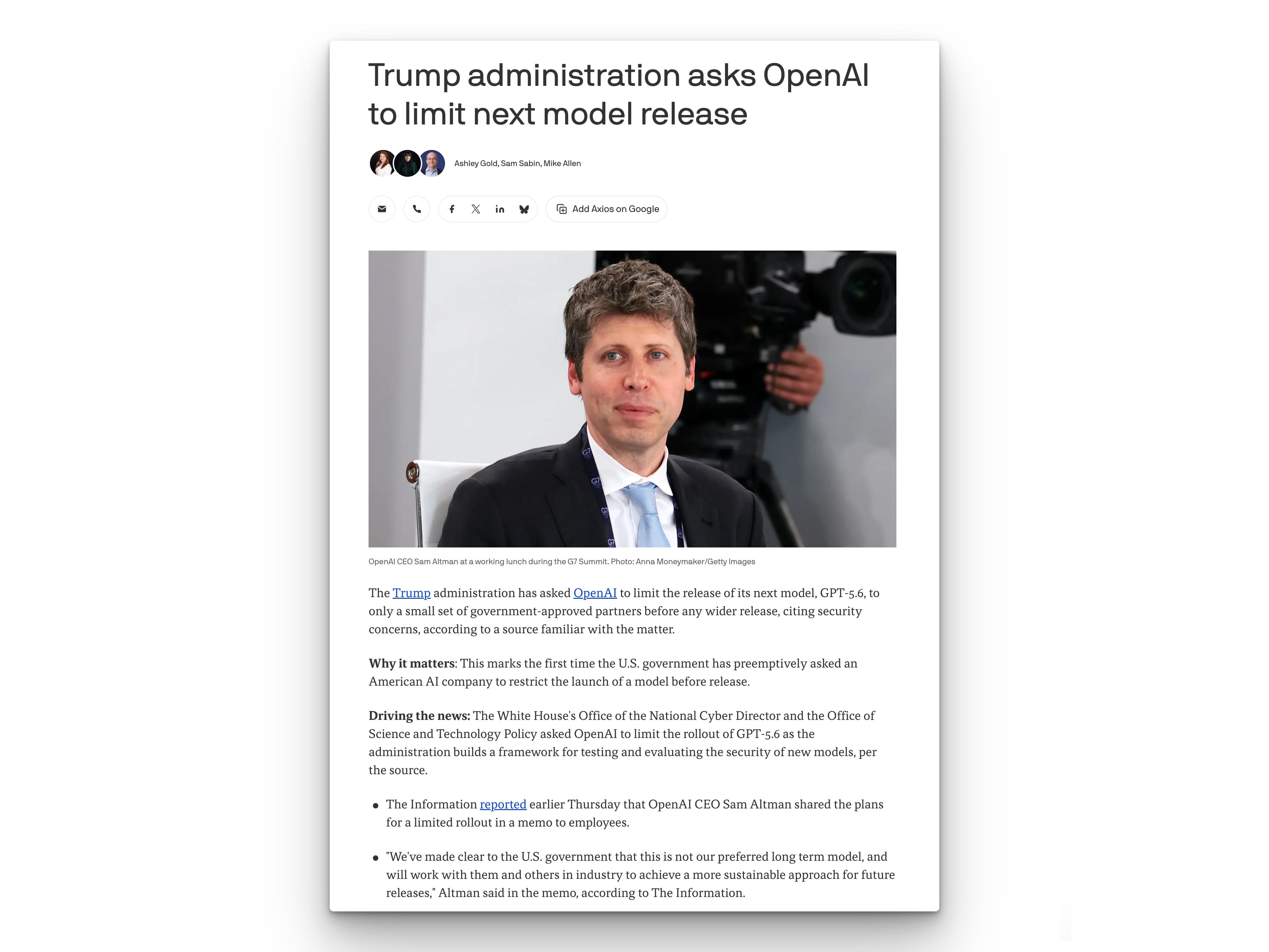 特朗普政府要求 OpenAI 限制下一代模型 GPT-5.6 的发布范围，理由是