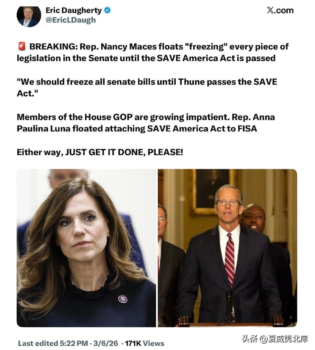 🚨 突发消息：众议员 Nancy Maces 提议，在《拯救美国法案》（SAV