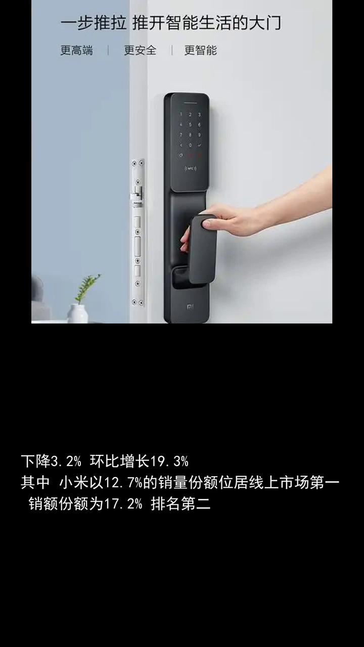 中国智能门锁八月线上销量七十二点一万套，小米拿下第一。
研究机构落图科技最新数据