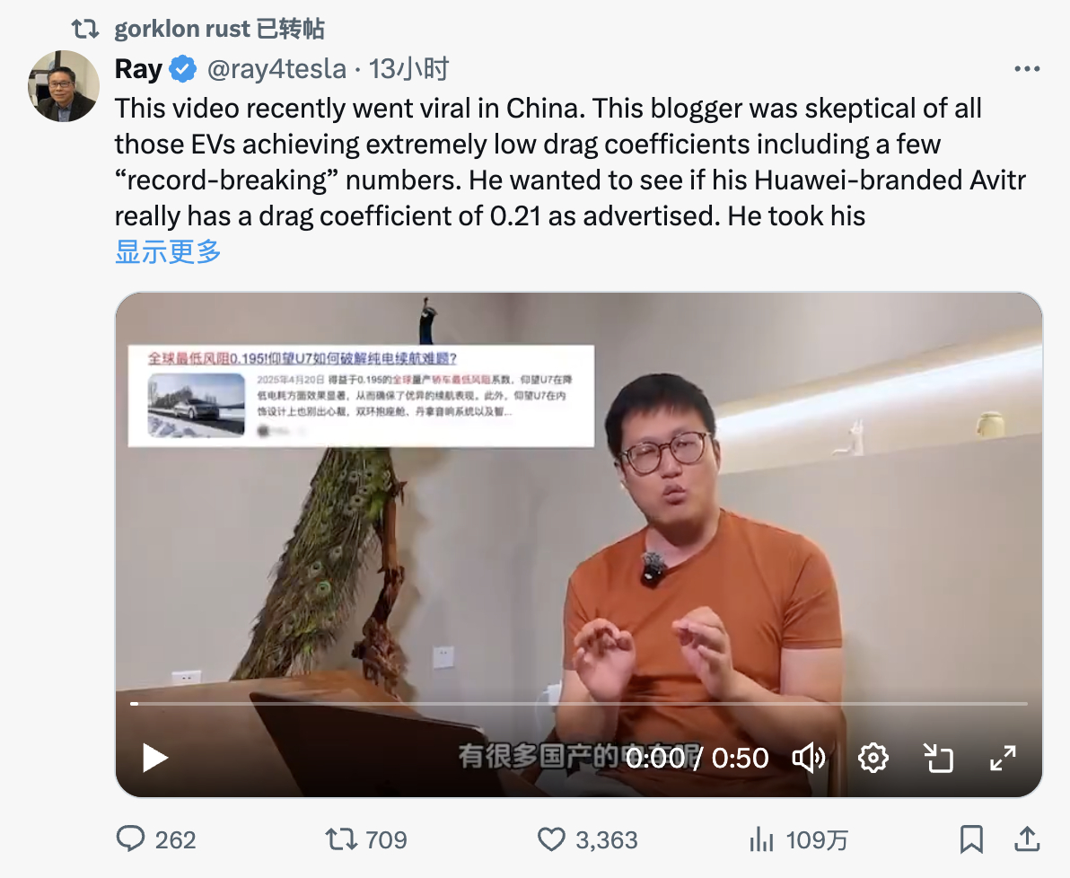 Elon Musk 也转了测试风阻系数的视频。2.2 亿粉丝，算车圈第一大 V 