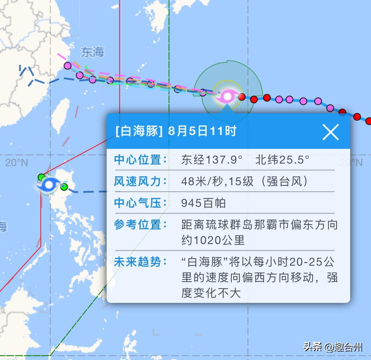 台风白海豚预测路径直指台州！路径仍存变数

截至8月5日11时，台风白海豚位于东