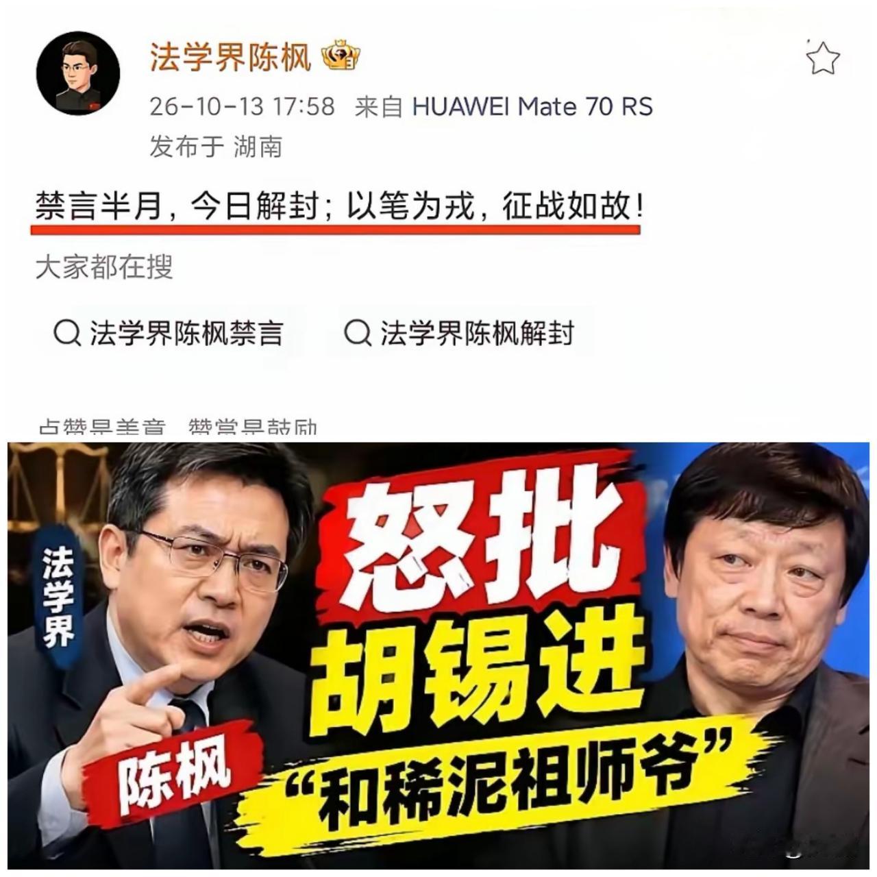 陈枫解封了，但这件事没完。

半个月的禁言，换来的不是妥协，而是一句“以笔为戎，