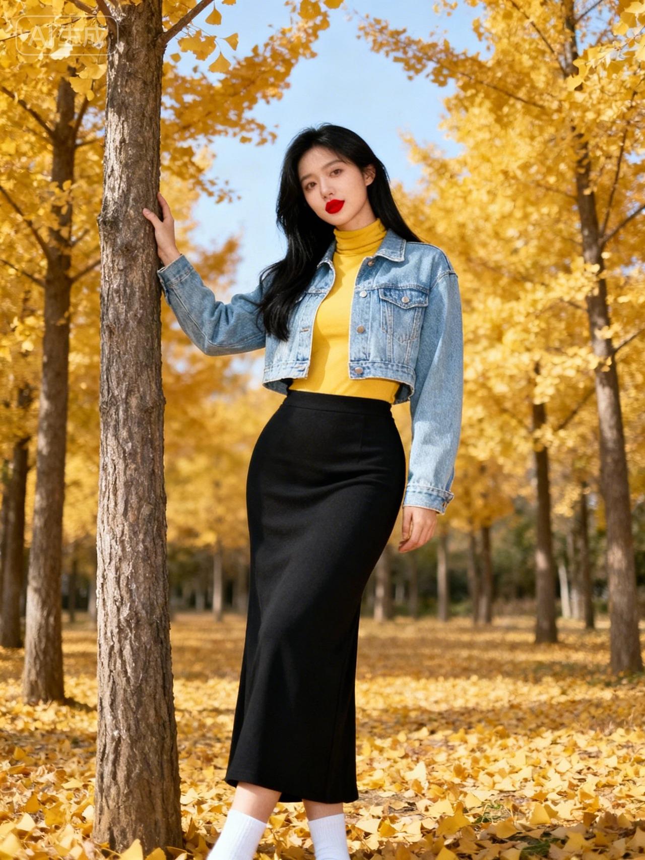 秋日穿搭指南🍂 牛仔外套+黄色高领衫+黑色长裙，红唇点缀，尽显时尚与优雅！🍁