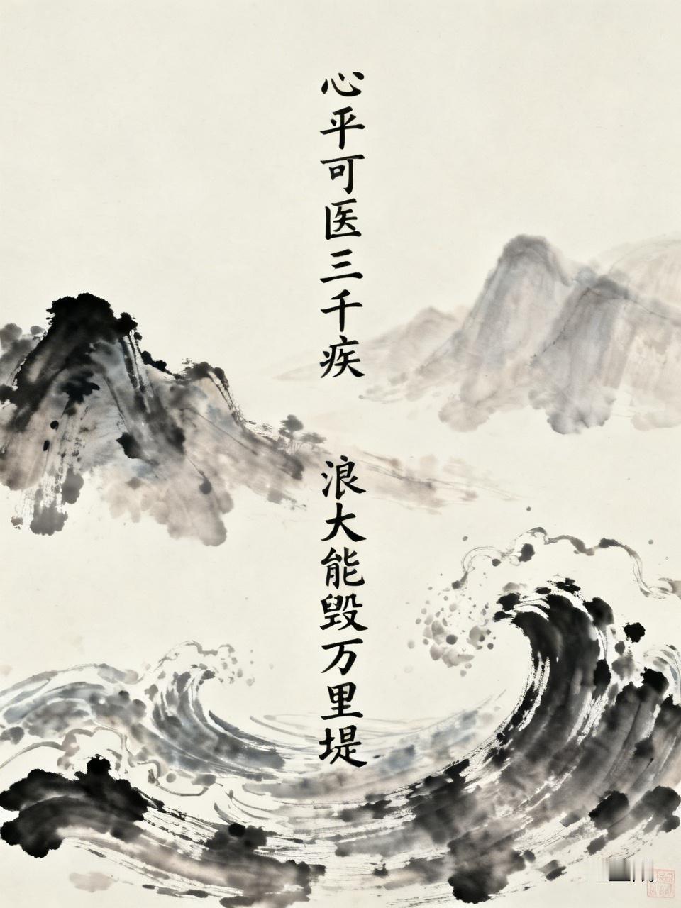 上联:心平可医三千疾，请出下联?
下联：浪大能毁万里堤。