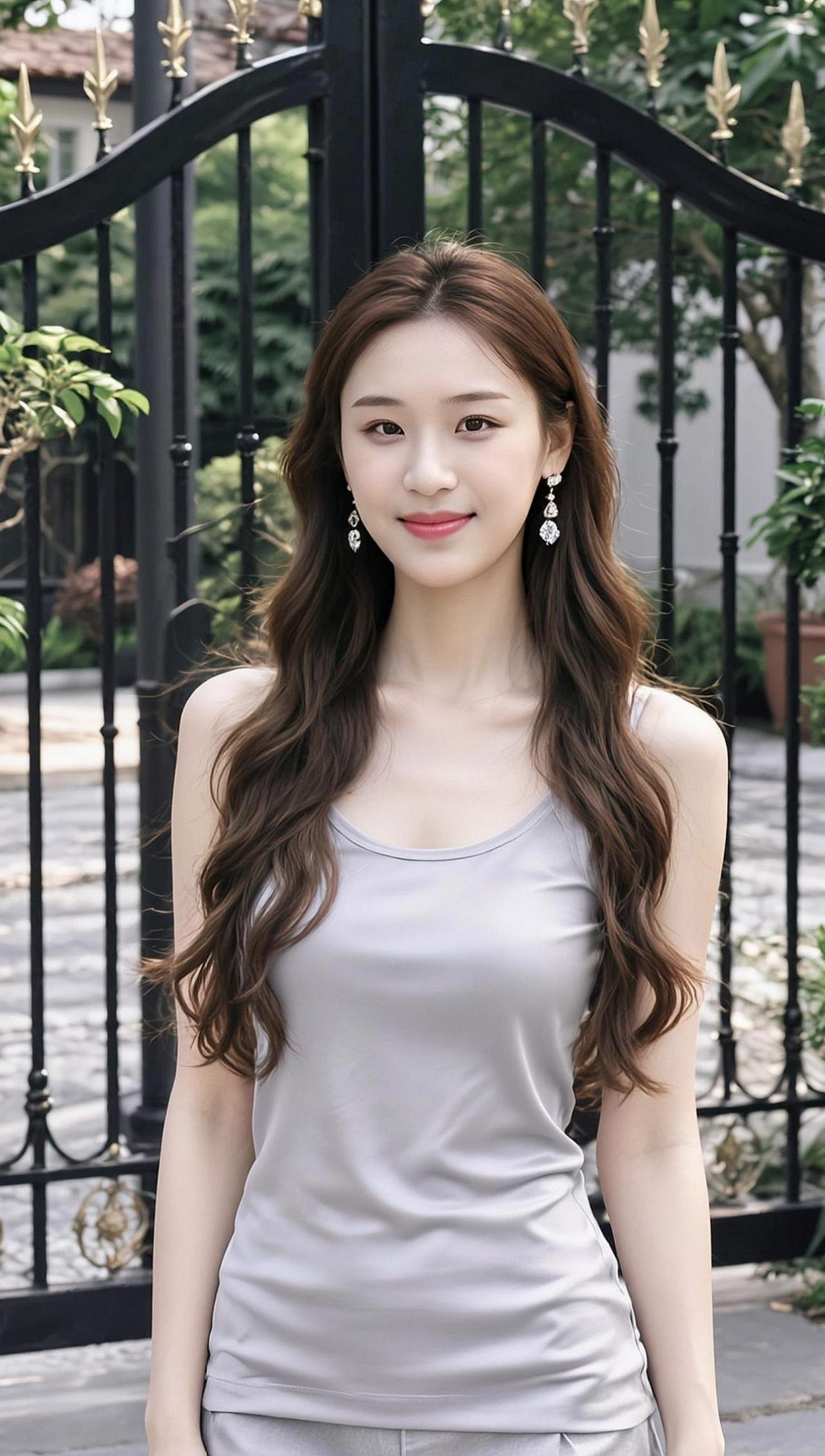 铁艺门后，一缕风拂过发梢，仿佛时间在低语。她站在光影之间，像一幅未完成的画，温柔