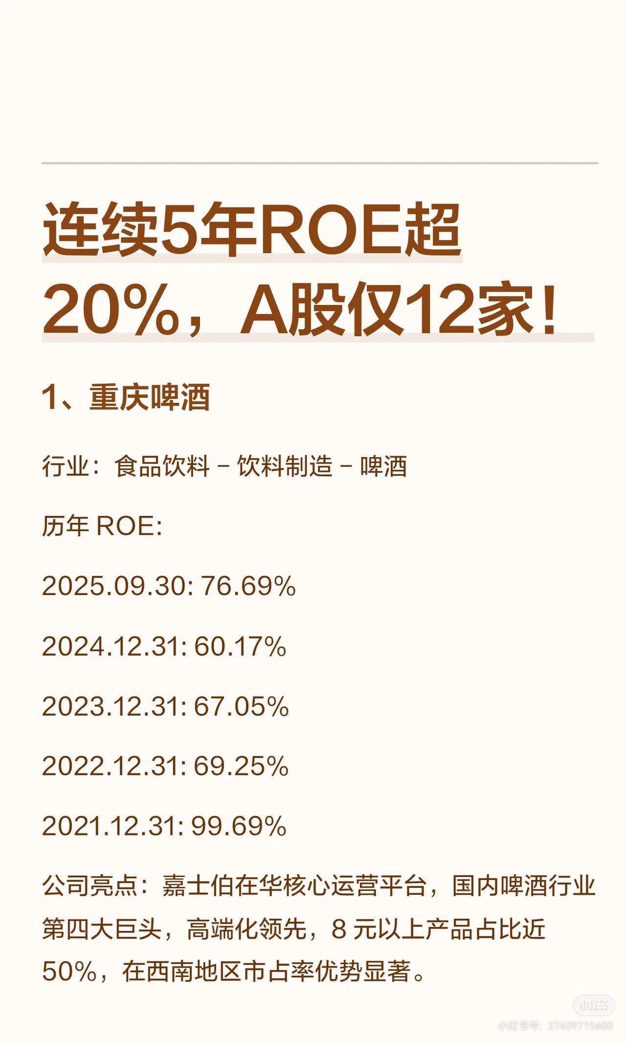 A股连续5年ROE（净资产收益率）超20%的公司共12家，涵盖食品饮料、轻工制造