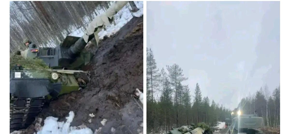 芬兰军队一辆在演习中陷在泥地里的豹2A4坦克。