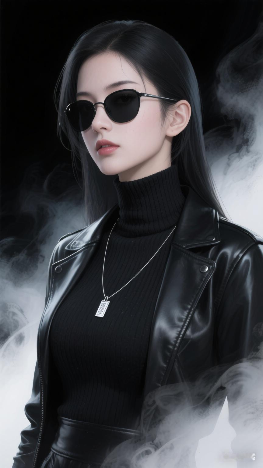 特写绝美女子，冷酷俊美，墨镜遮面神秘。银色铭牌项链点缀，黑色皮衣搭高领毛衣，线条