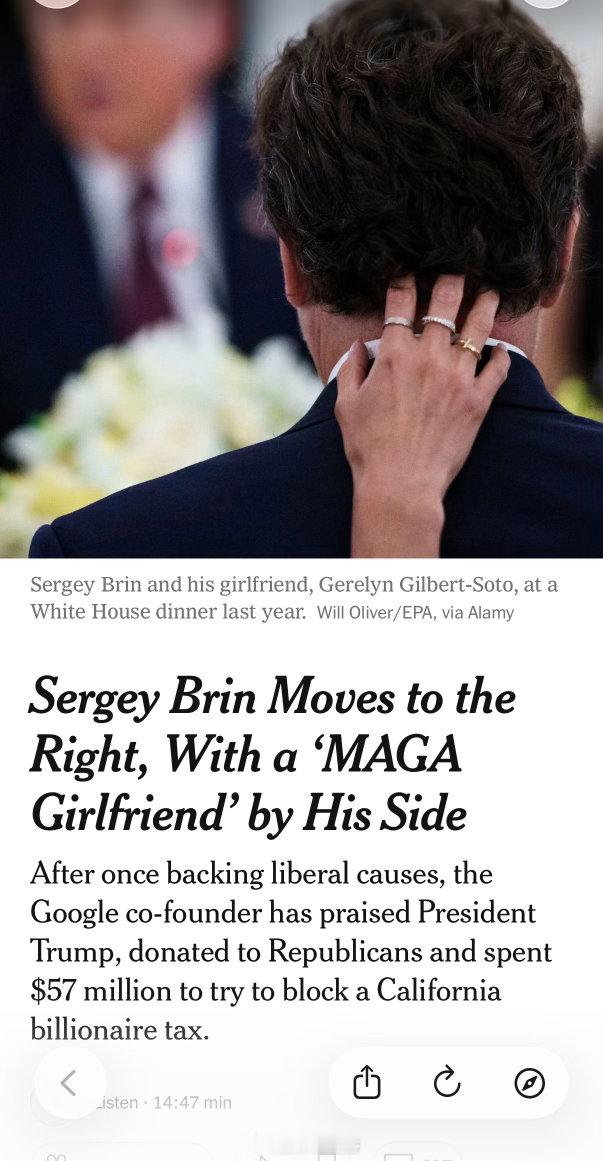 纽约时报报道，Google联合创始人Sergey Brin正在公开转向共和党。这