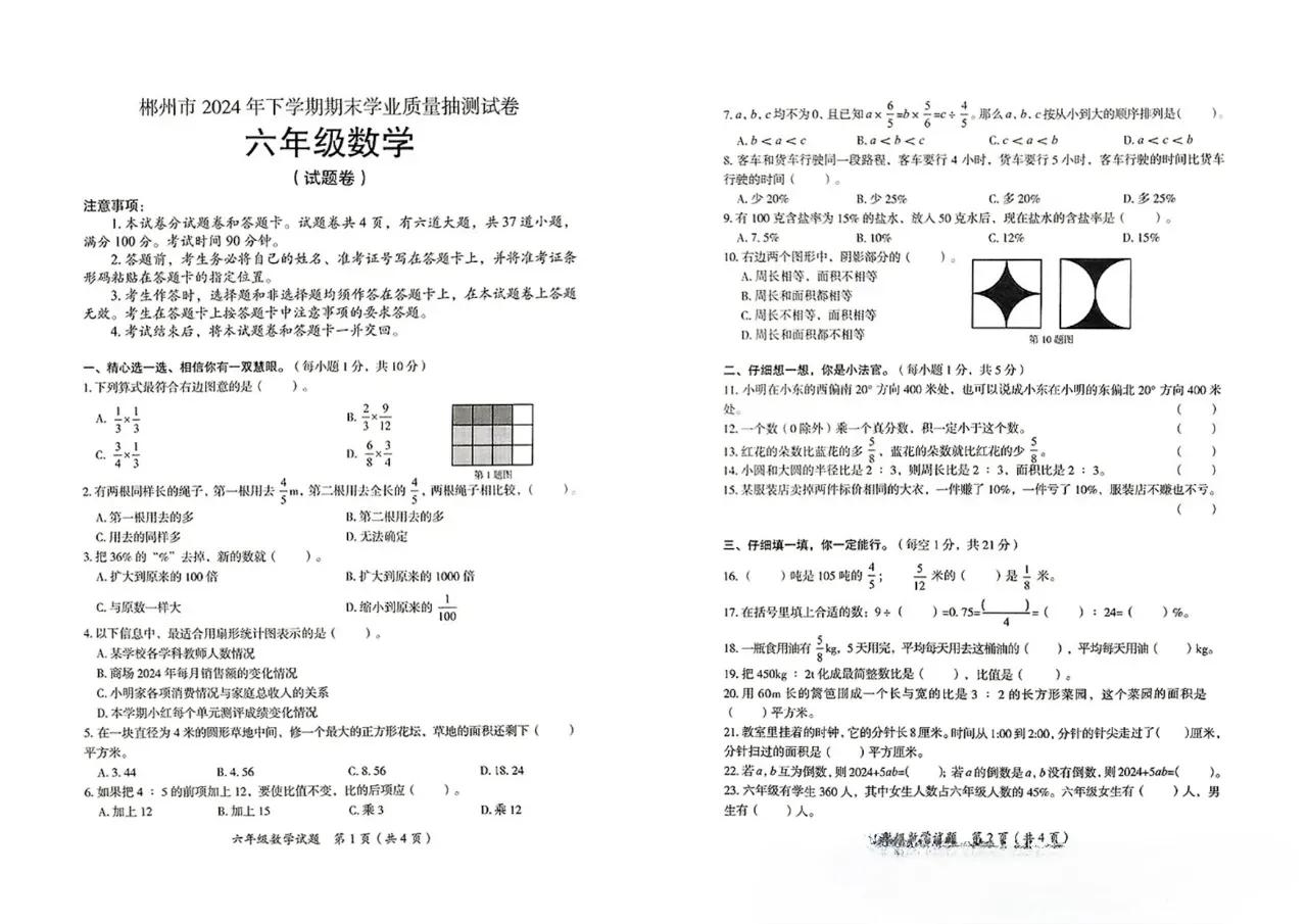 湖南省郴州市2024-2025学年六年级上学期期末数学试卷