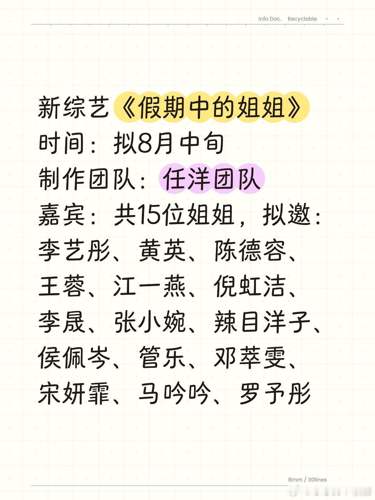 乘风2025[超话]乘风2025&浪姐6团综《假期中的姐姐》时间：拟8月中旬制作