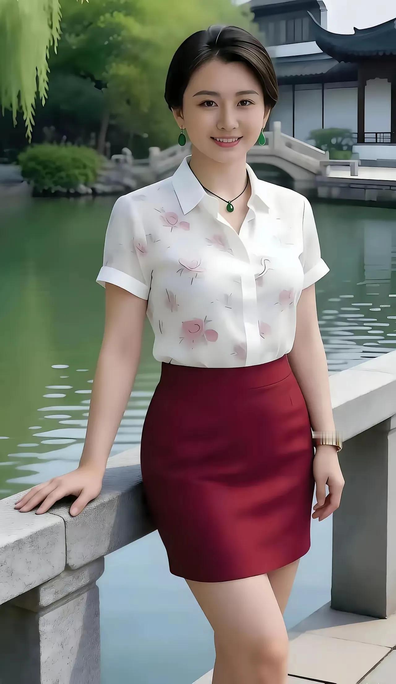 水清白云淡，
风摇柳丝颤。
游园观美景，
含笑依栏站。