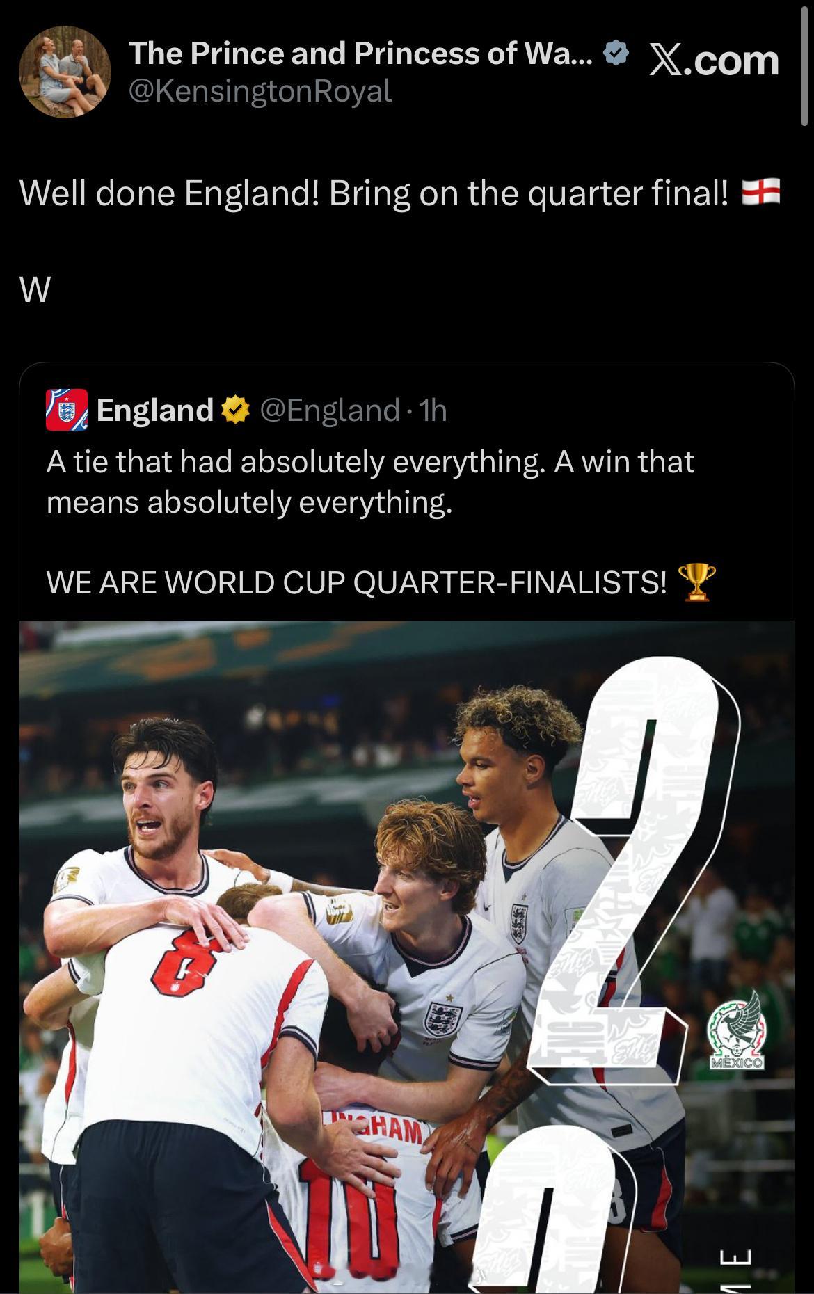 威廉王子  英格兰三比二险胜墨西哥晋级八强，威廉发文祝贺⚽ 
