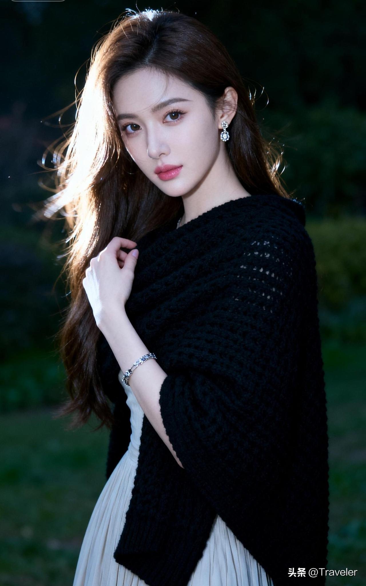 长发美女穿黑色外套，优雅迷人。