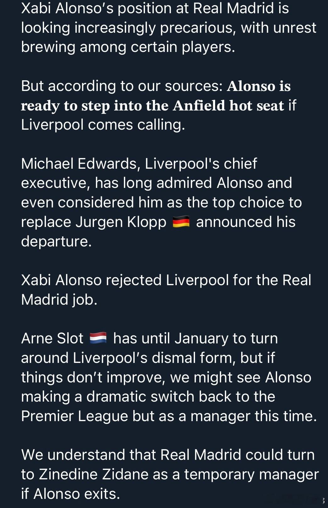 绿帽搞了个大新闻，说一月齐达内回皇马，阿隆索去利物浦。当然这个纯看看就好。绿帽的