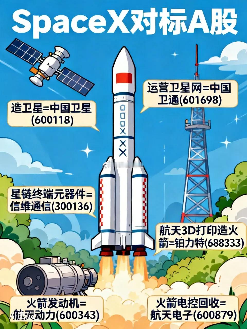 SpaceX对标A股1. 造卫星=中国卫星(600118)2. 运营卫星网=中国