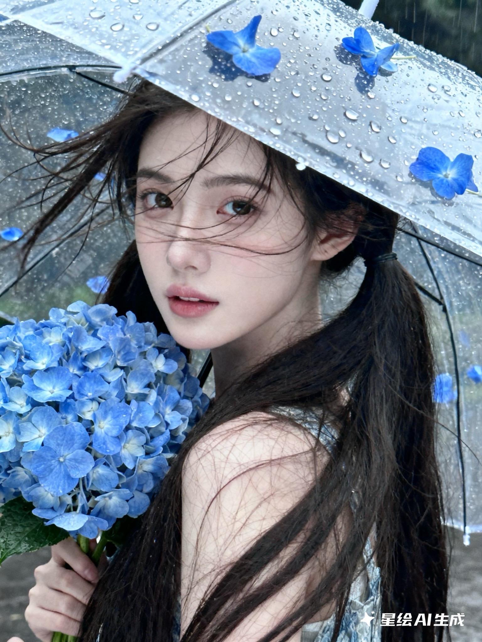 ⬆️美到窒息，没想到下雨和绣球花在一起这么美～