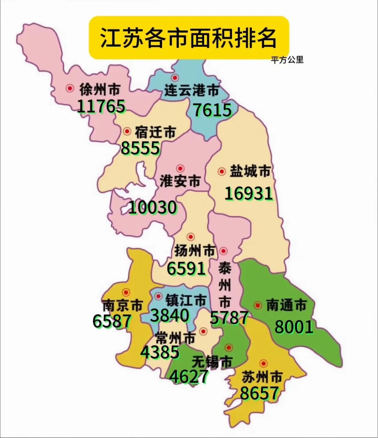 江苏省13地市面积盐城市最大、镇江市最小