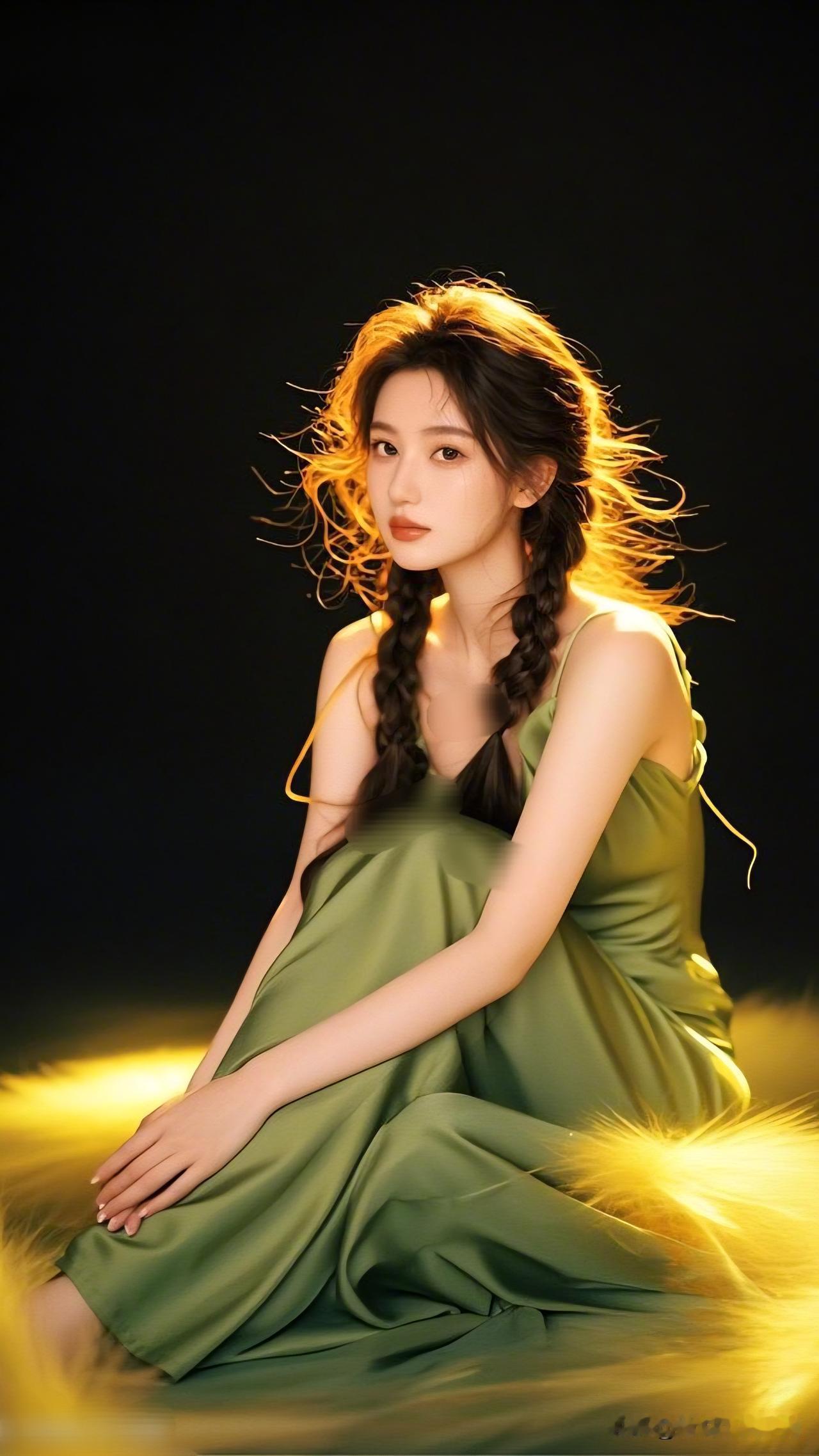 梦幻绿裙少女，温柔发丝飘逸，光影交织的迷人瞬间。高级感写真推荐