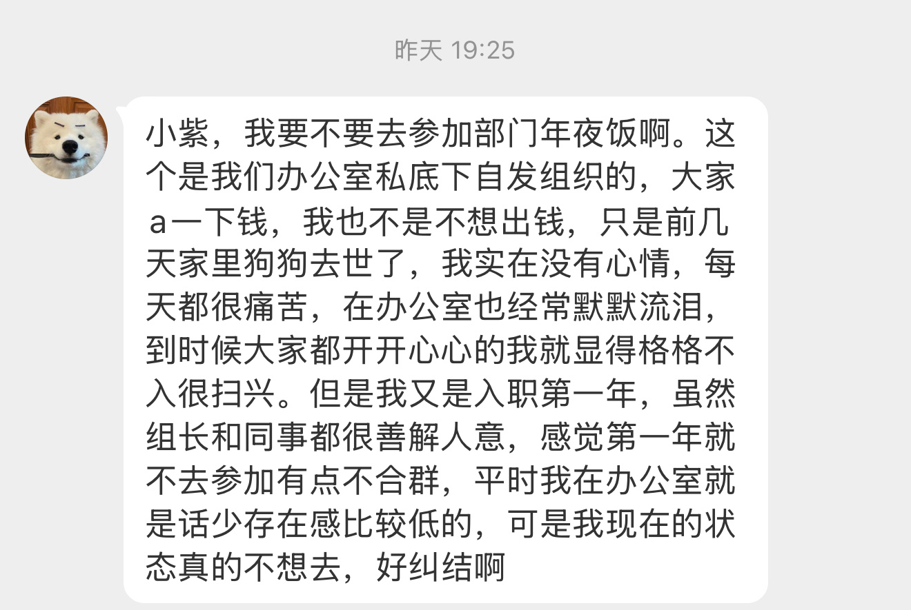 【小紫，我要不要去参加部门年夜饭啊。这个是我们办公室私底下自发组织的，大家a一下