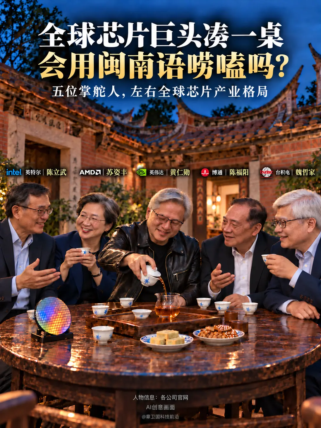 芯片巨头同桌喝茶 会用闽南语唠嗑吗？五位掌舵人，背后公司总市值约10万亿美元。