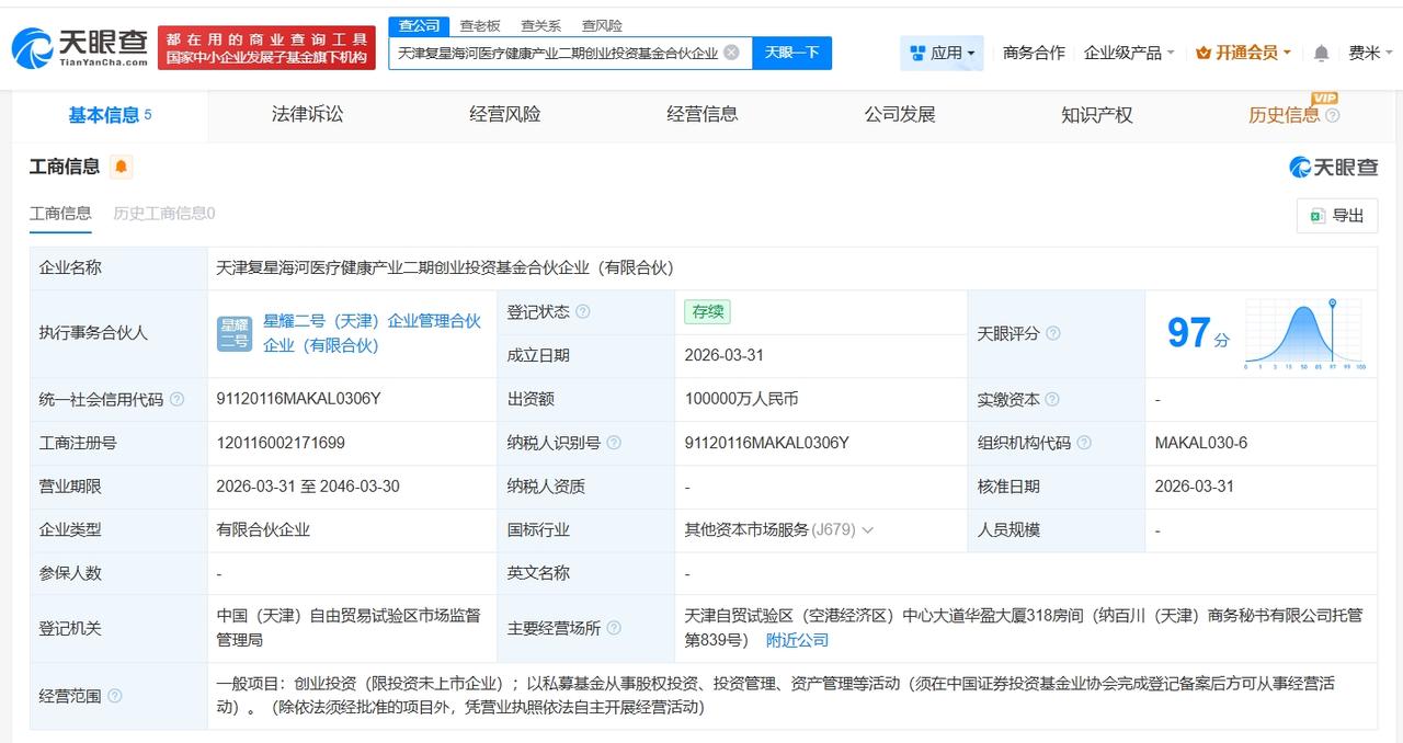 复星医药等在天津成立创业投资基金 出资额10亿

天眼查App显示，近日，天津复