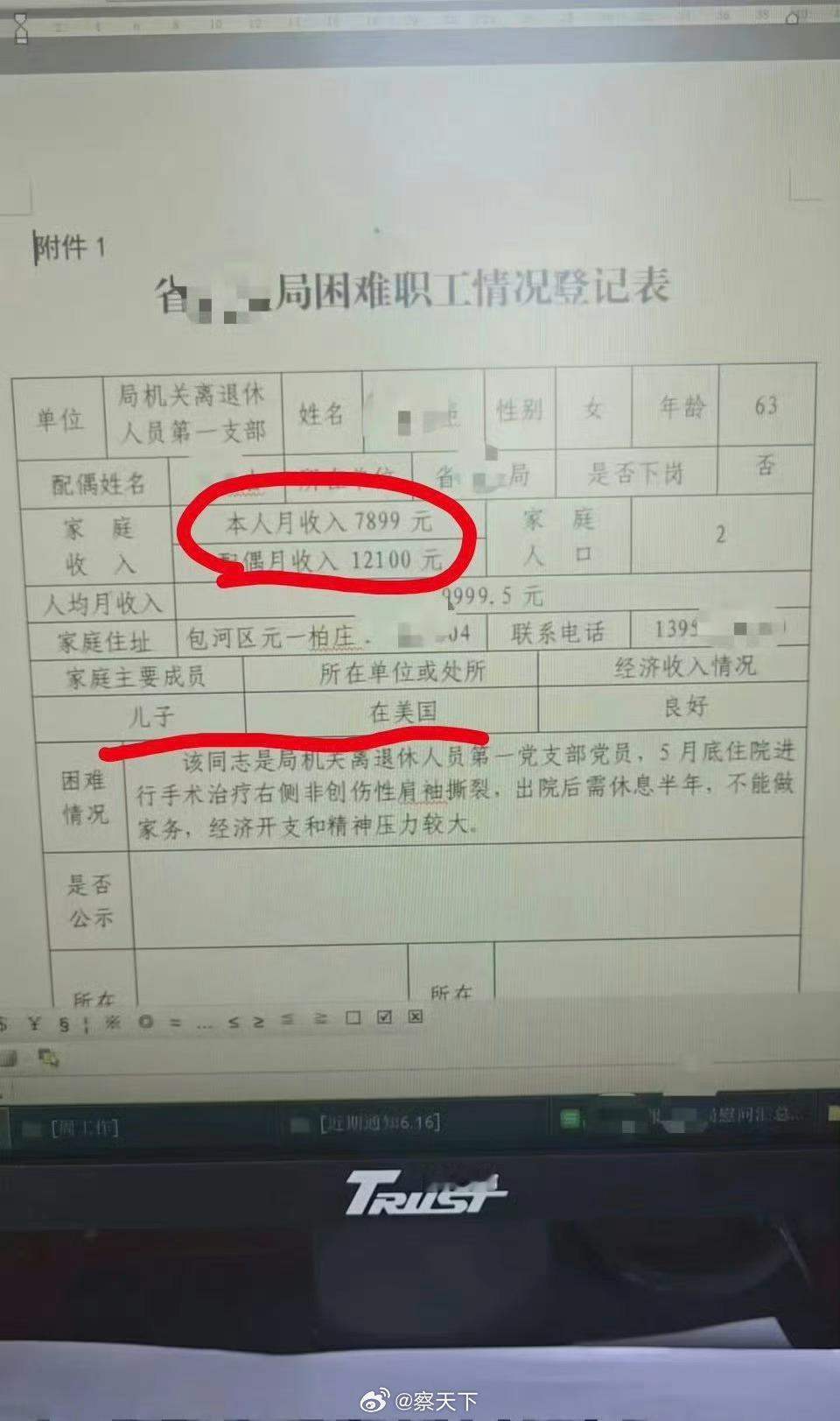 夫妇月入2万儿子在美却列困难户儿子在美国、夫妻月收入近2万，被列为困难职工。安徽