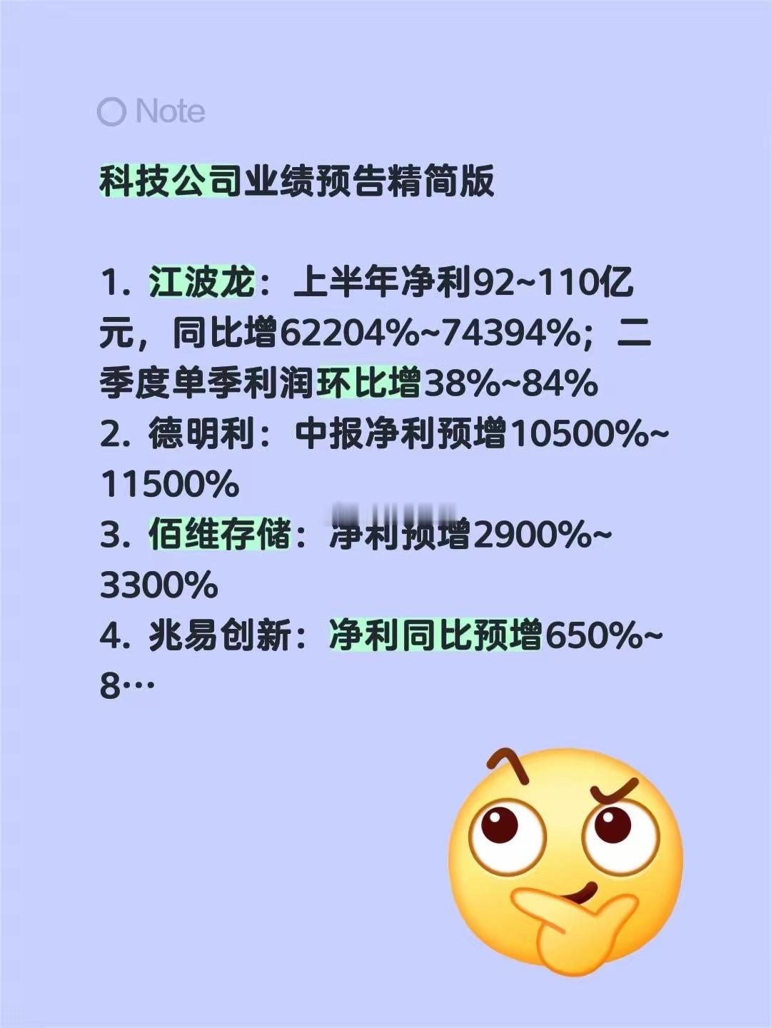 科技公司业绩预告精简版1. 江波龙：上半年净利92~110亿元，同比增62204
