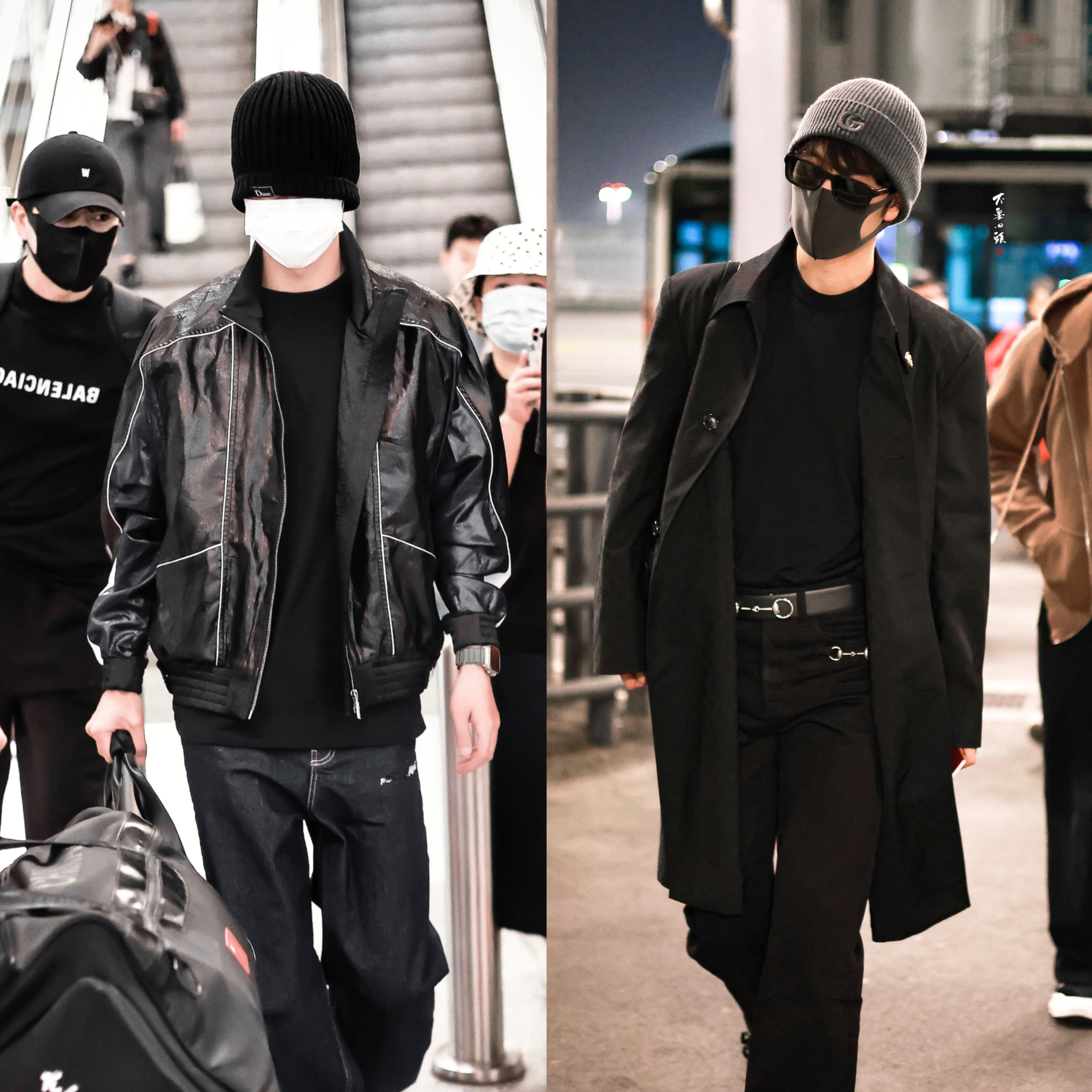 王一博肖战时装周机场图，女子酉己