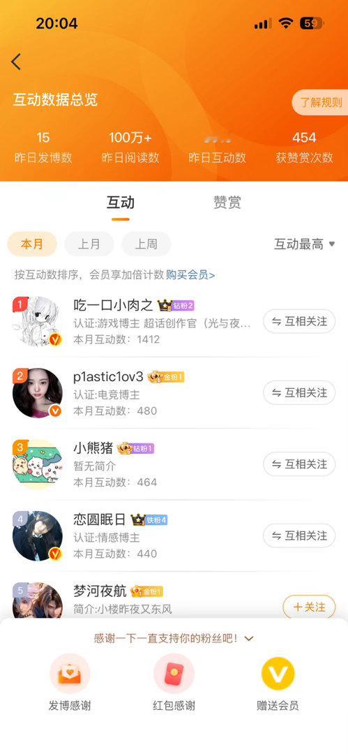 本月互动有礼环节到 榜一榜二榜四一人v我50 