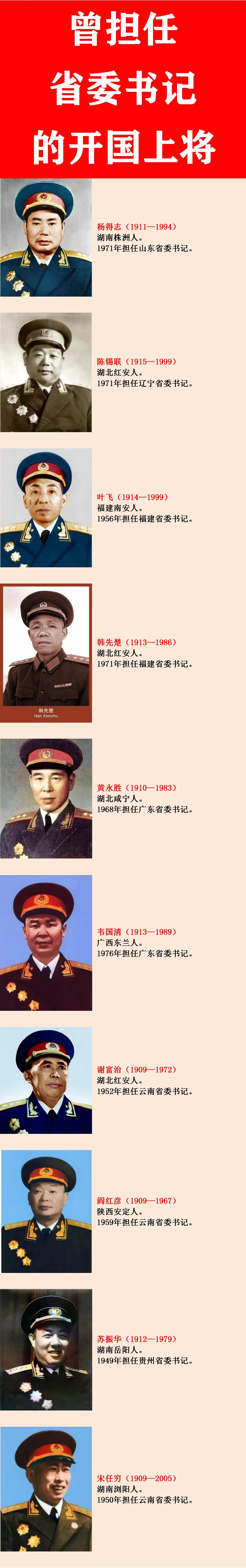 宋任穷上将：曾任云南省书记；
阎红彦上将：曾任云南省书记；
谢富治上将：曾任云南