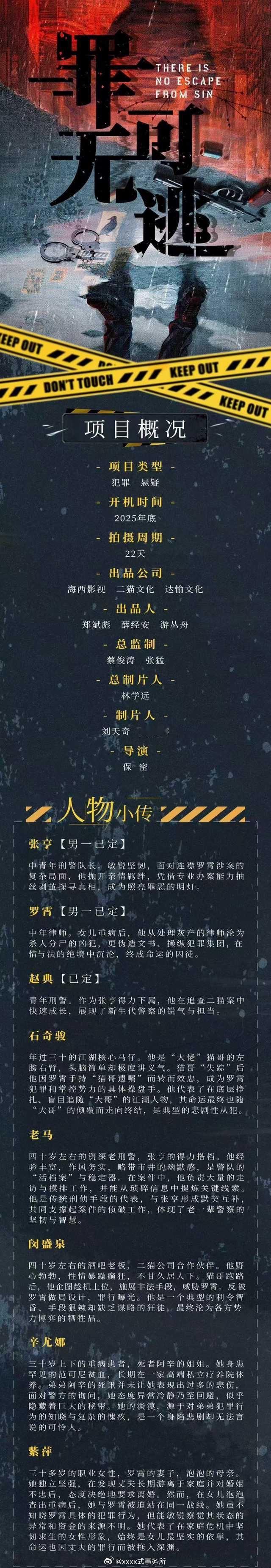 刑侦悬疑中剧《罪无可逃》 出品：海西传媒男主：李耕耘 （十个勤天）导演：董云龙（