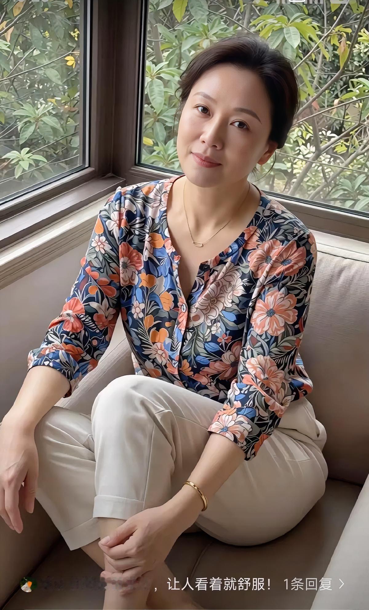 中年少女坐在窗边，穿着花衬衫和白裤子，你觉得好看吗？