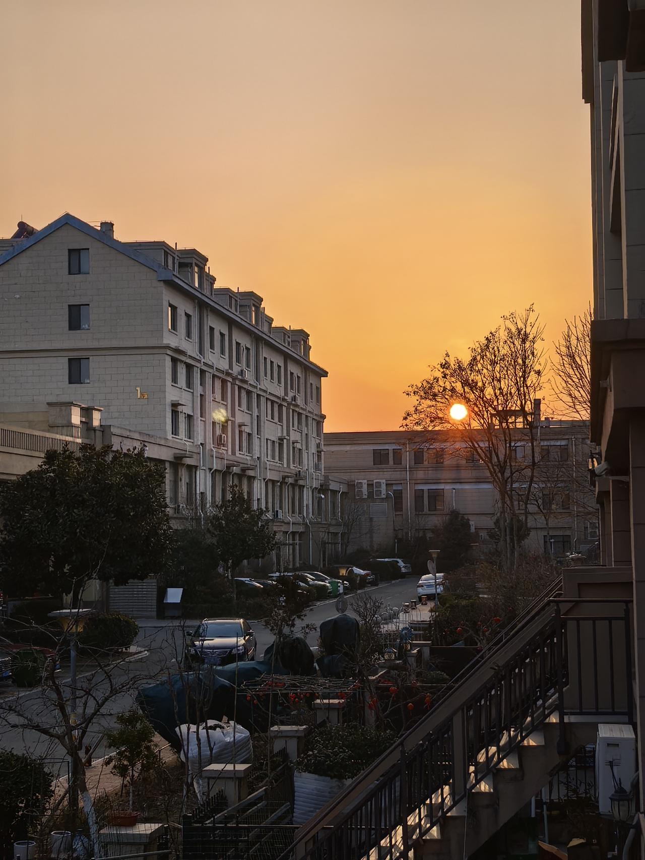 傍晚接小宝回来站在楼梯上西眺，西面的天空笼了一层橙色的薄纱，夕阳挂在树梢，渐次亮