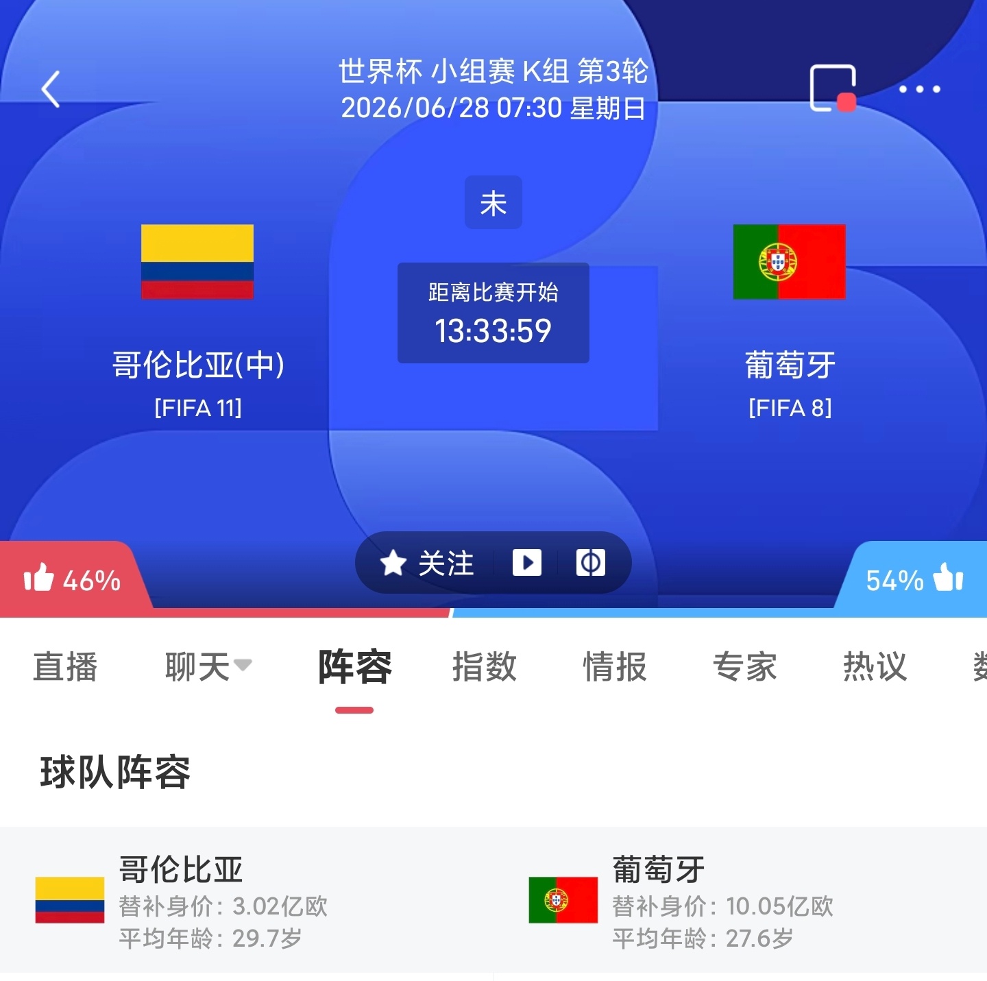 周六069 哥伦比亚VS葡萄牙 C罗更多 足球计划臻选开赛时间：06-28 07