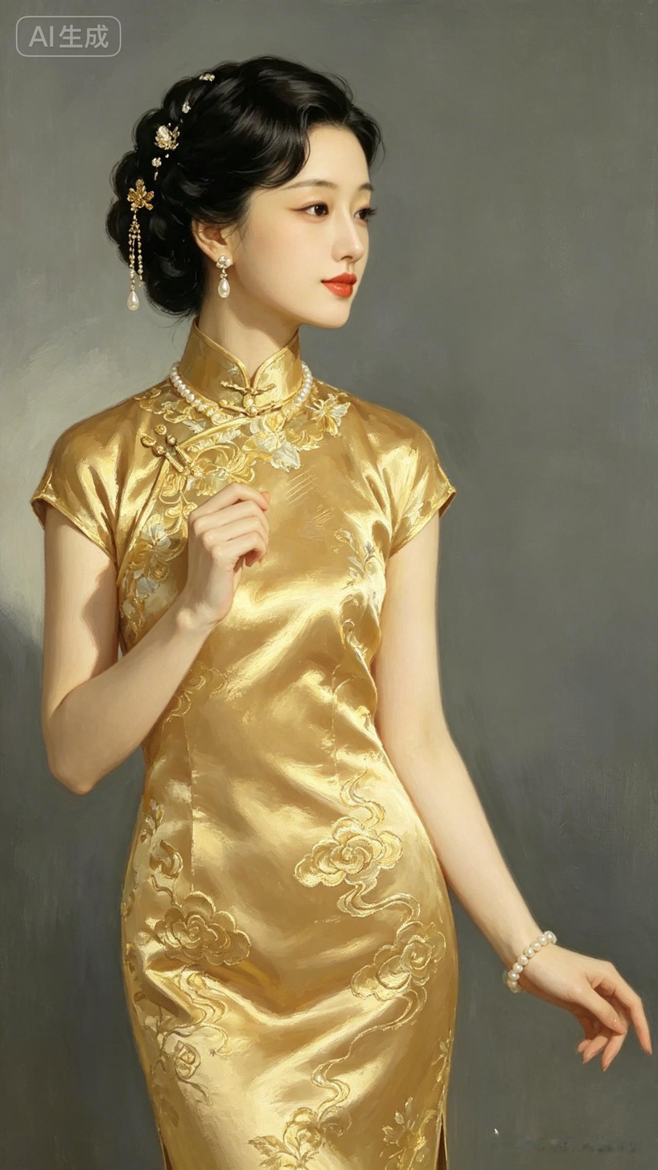 这位女士穿着华丽的金色旗袍。